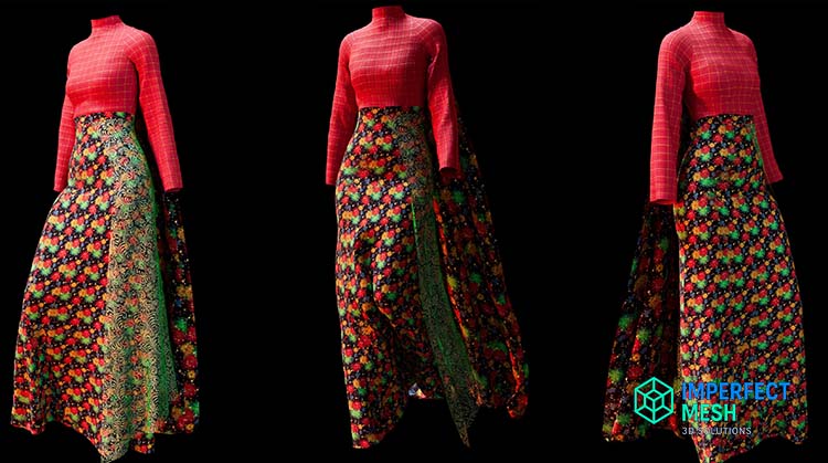 A vibrant blend of tradition and technology, this 3D costume design captures the essence of cultural elegance through digital craftsmanship. The ensemble features a richly textured floral skirt paired with a structured modern blouse, harmonizing heritage with contemporary aesthetics.