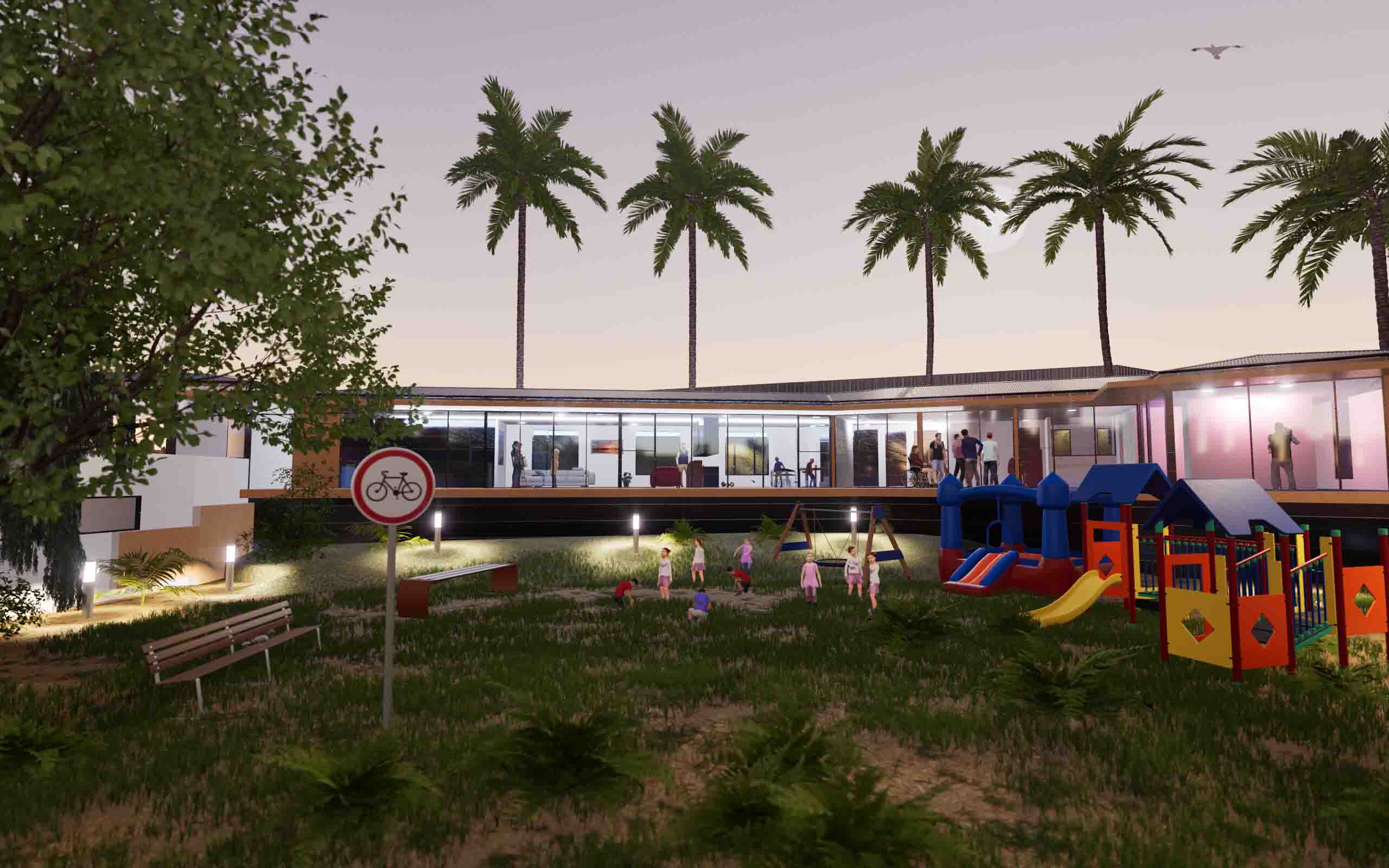 A modern community space featuring a glass-walled building, palm trees, and a lively kids’ playground — blending nature, architecture, and family fun in one serene environment.